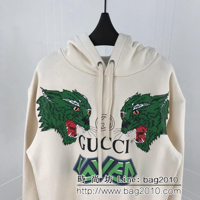 GUCCI古馳 18ss4秋冬新款 咆哮狼頭圖案 杏色 連帽衛衣 情侶款 ydi1705